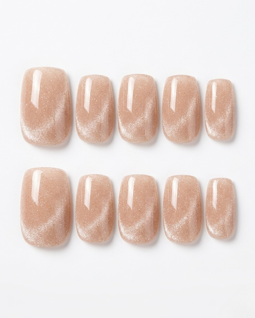 Sandy nude, cat-eye, press-on nails, short squoval, soft gel, reusable