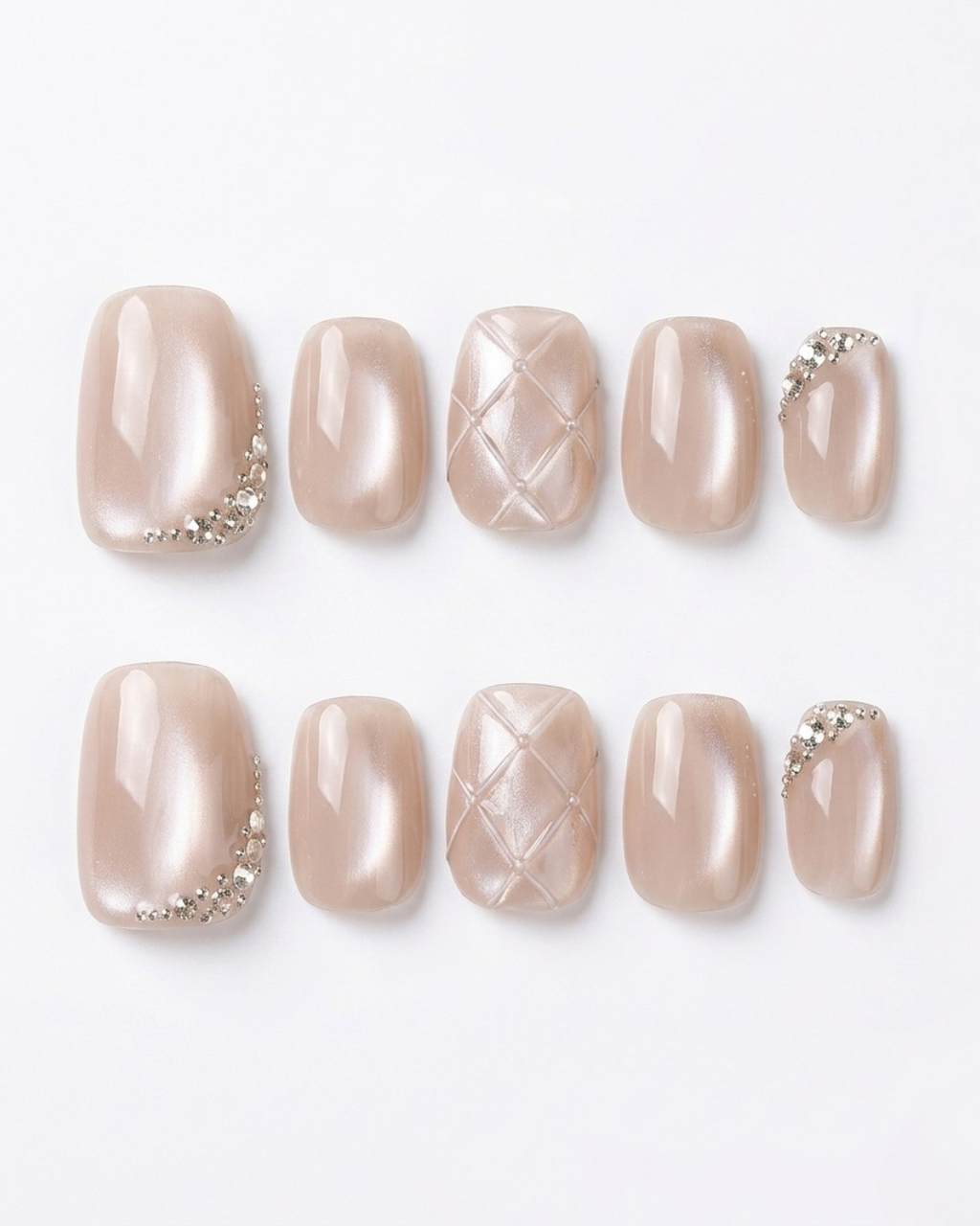 Champagne beige, cat-eye, press-on nails, short squoval, soft gel, reusable, 3D