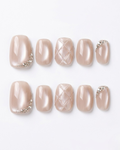 Champagne beige, cat-eye, press-on nails, short squoval, soft gel, reusable, 3D
