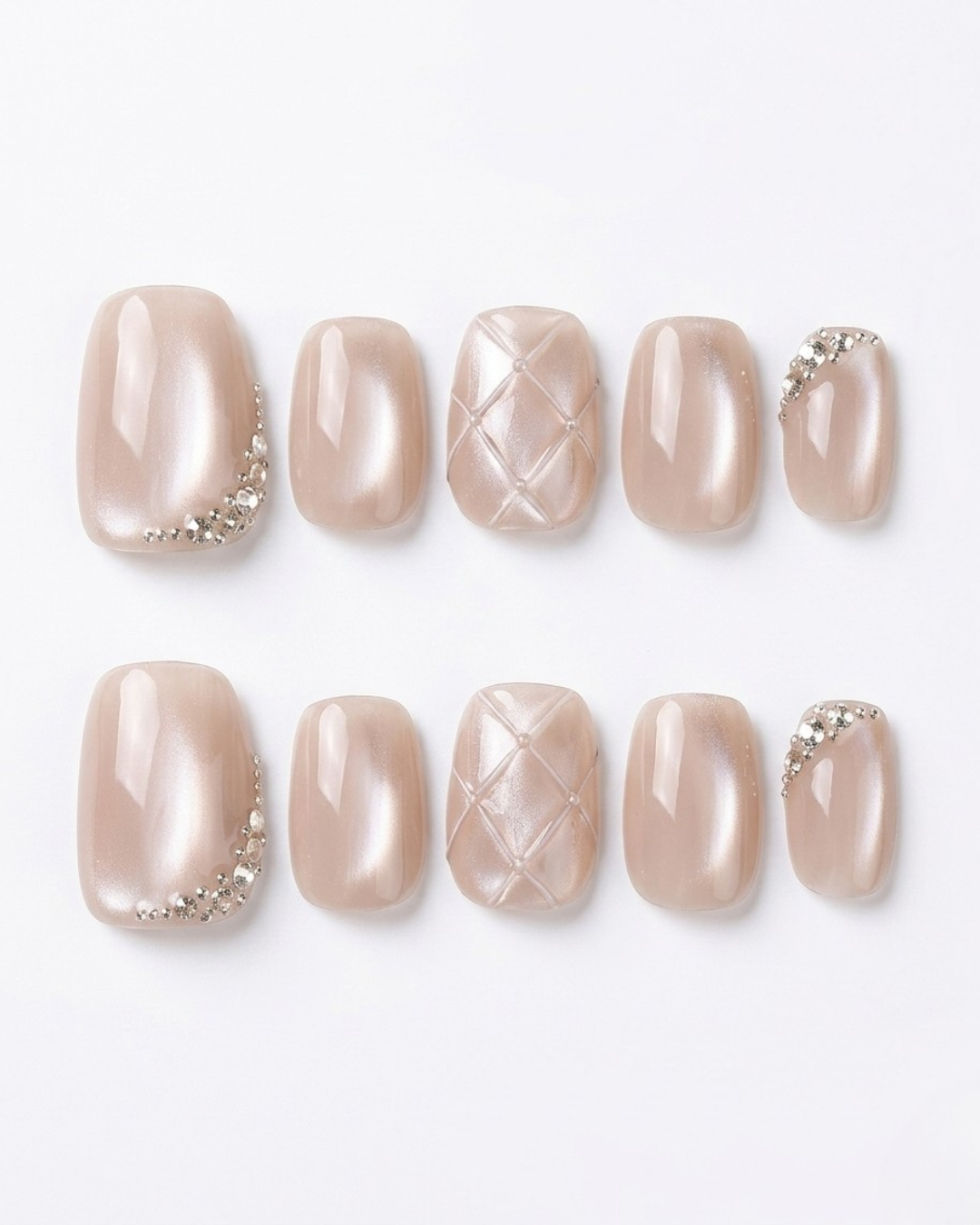 Champagne beige, cat-eye, press-on nails, short squoval, soft gel, reusable, 3D