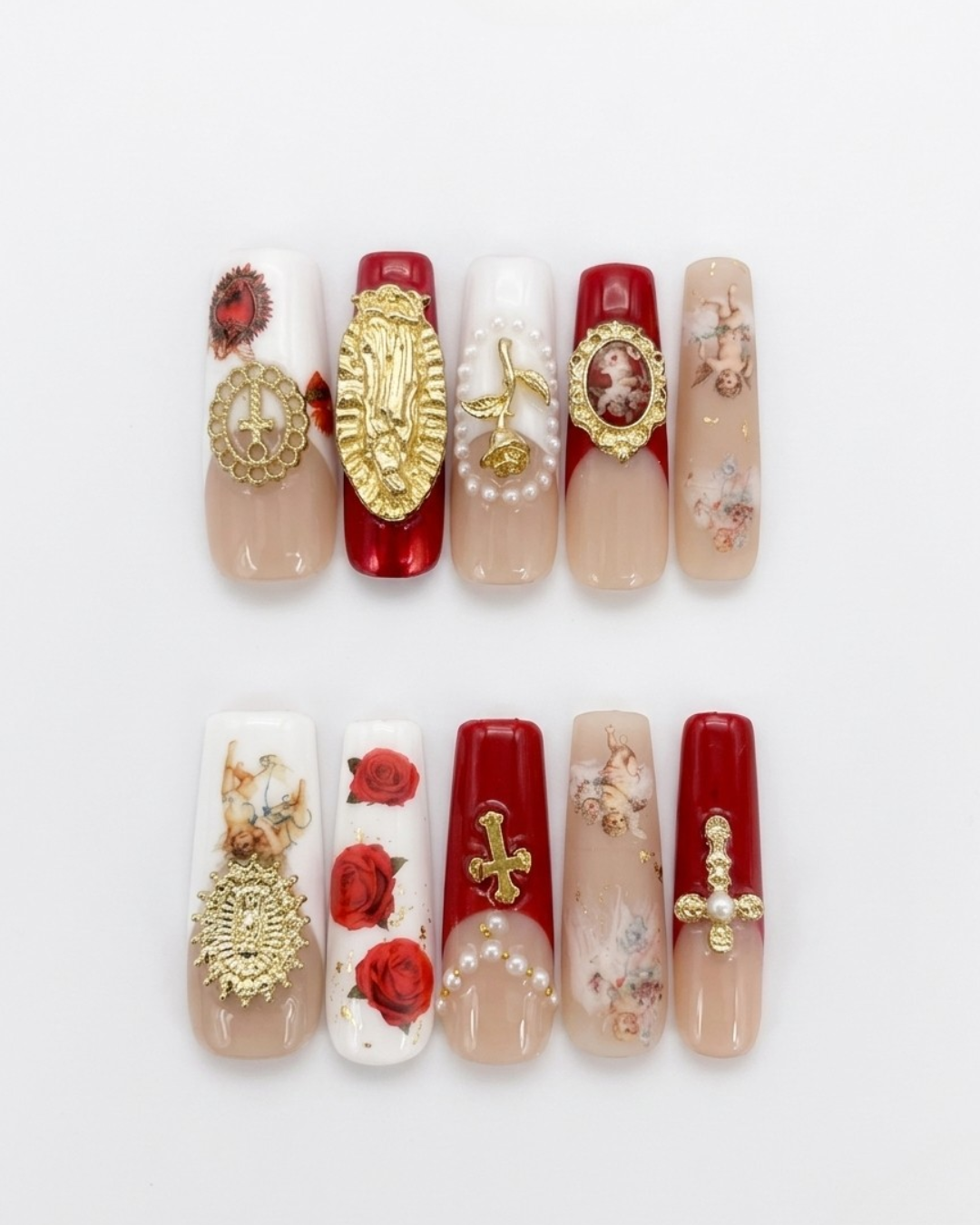 Press-on nails, extra long coffin, soft gel, reusable, 3D