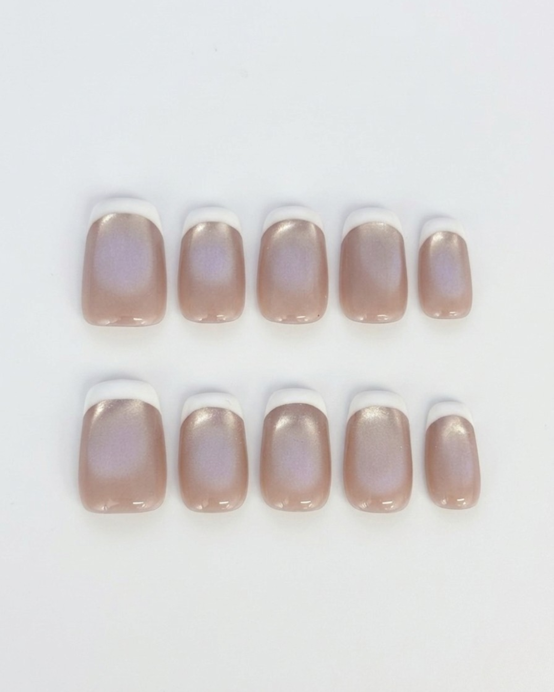 Nude taupe, french, cat-eye, press-on nails, short squoval, soft gel, reusable