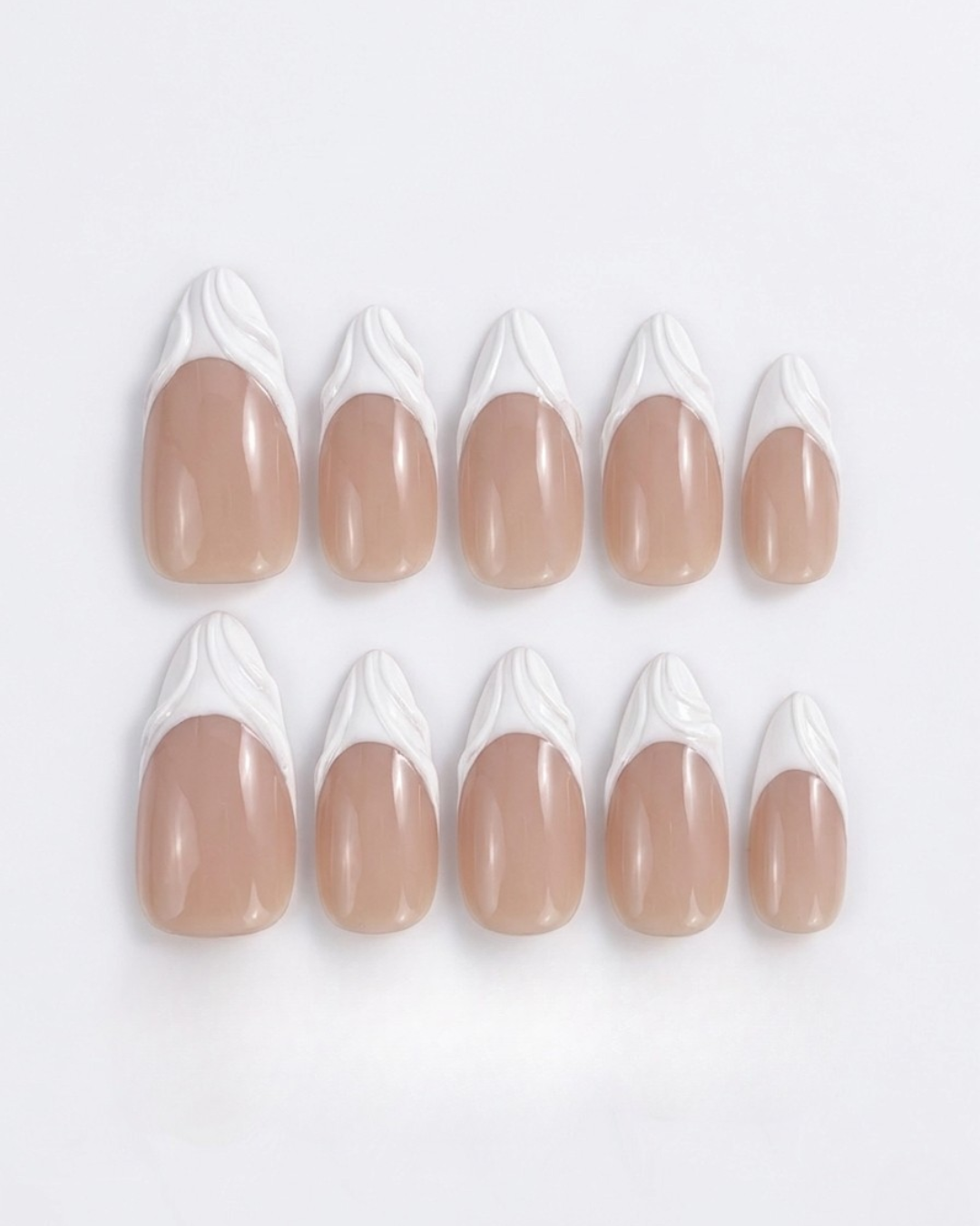 French, press-on nails, medium almond, soft gel, reusable, 3D