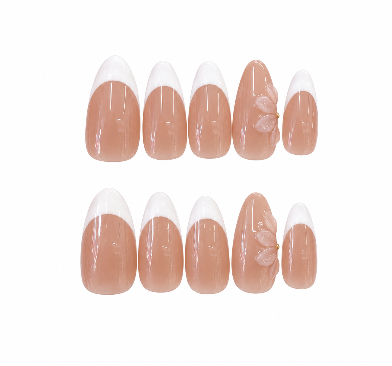 French, press-on nails, medium almond, soft gel, reusable, 3D