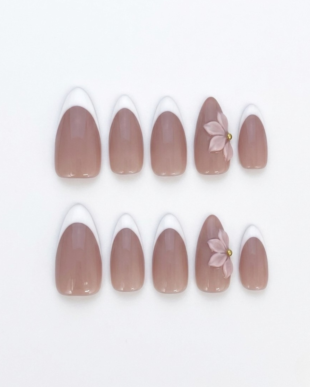 French, press-on nails, medium almond, soft gel, reusable, 3D