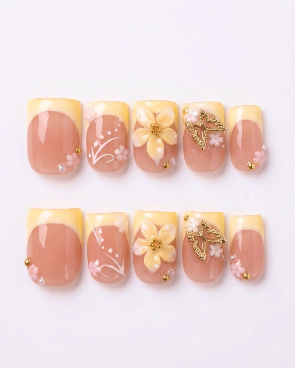 French, press-on nails, short square, soft gel, reusable, 3D