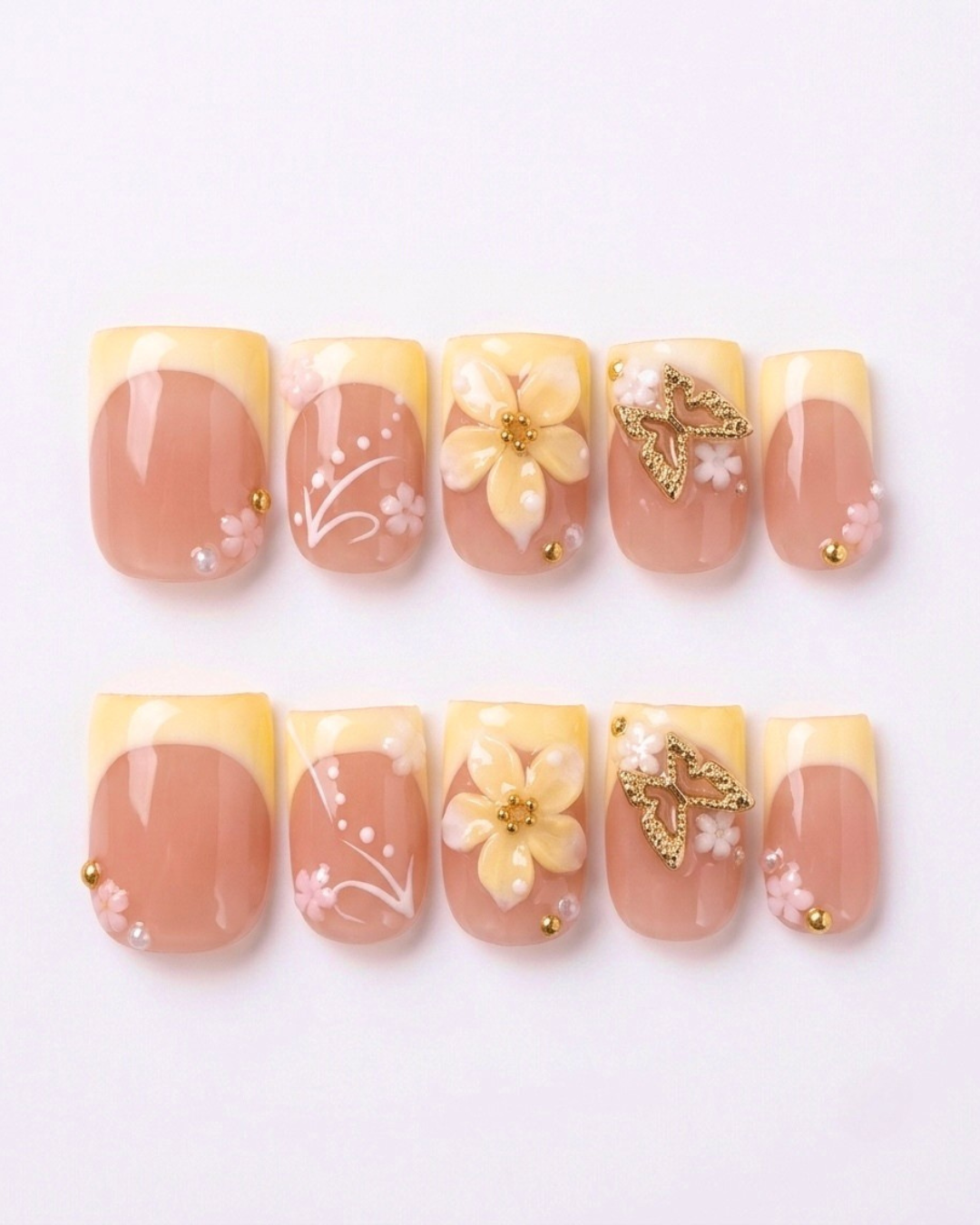 French, press-on nails, short square, soft gel, reusable, 3D