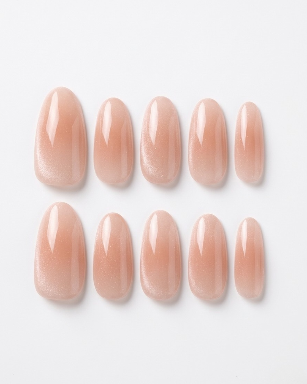 Nude pink, cat-eye, press-on nails, medium almond, soft gel, reusable