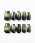 Green, cat-eye, press-on nails, medium almond, soft gel, reusable