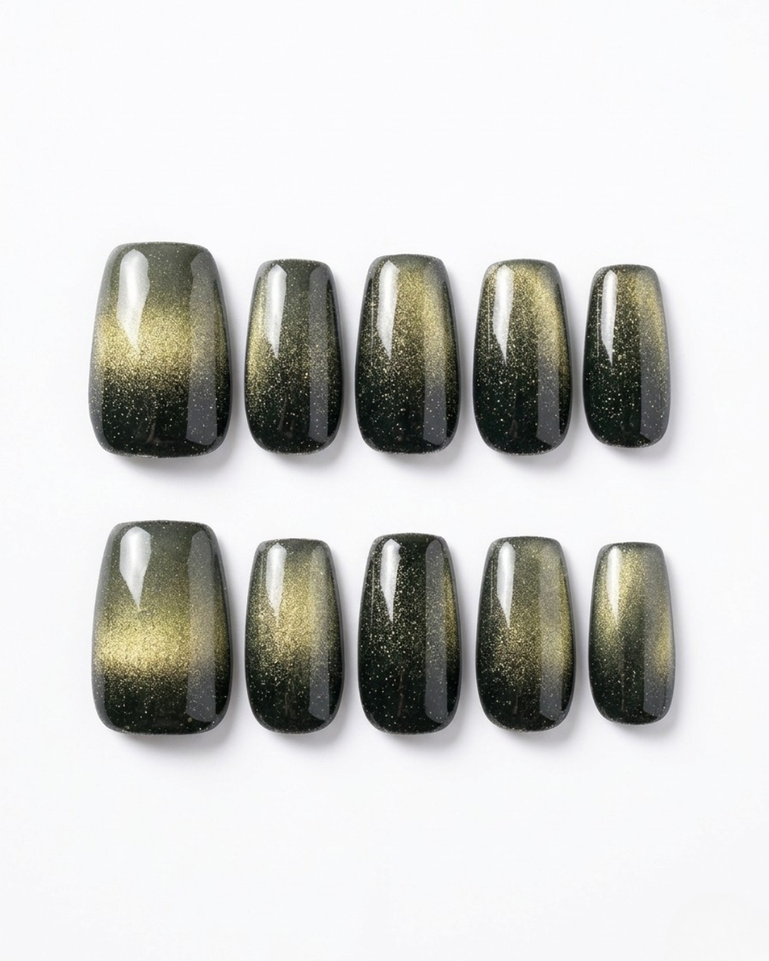 Green, cat-eye, press-on nails, medium almond, soft gel, reusable