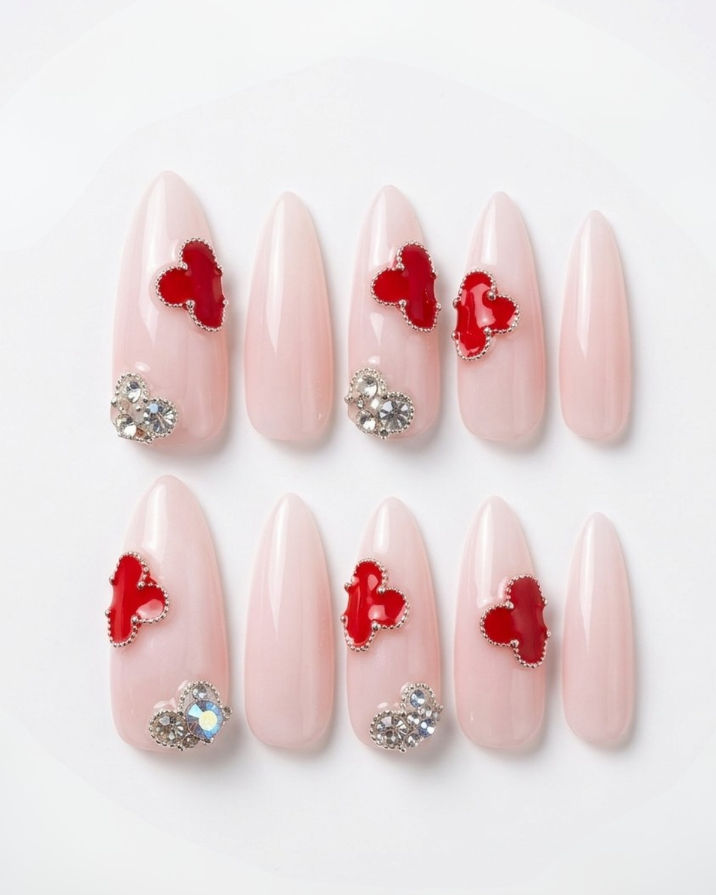 Pale pink, press-on nails, long almond, soft gel, reusable, 3D