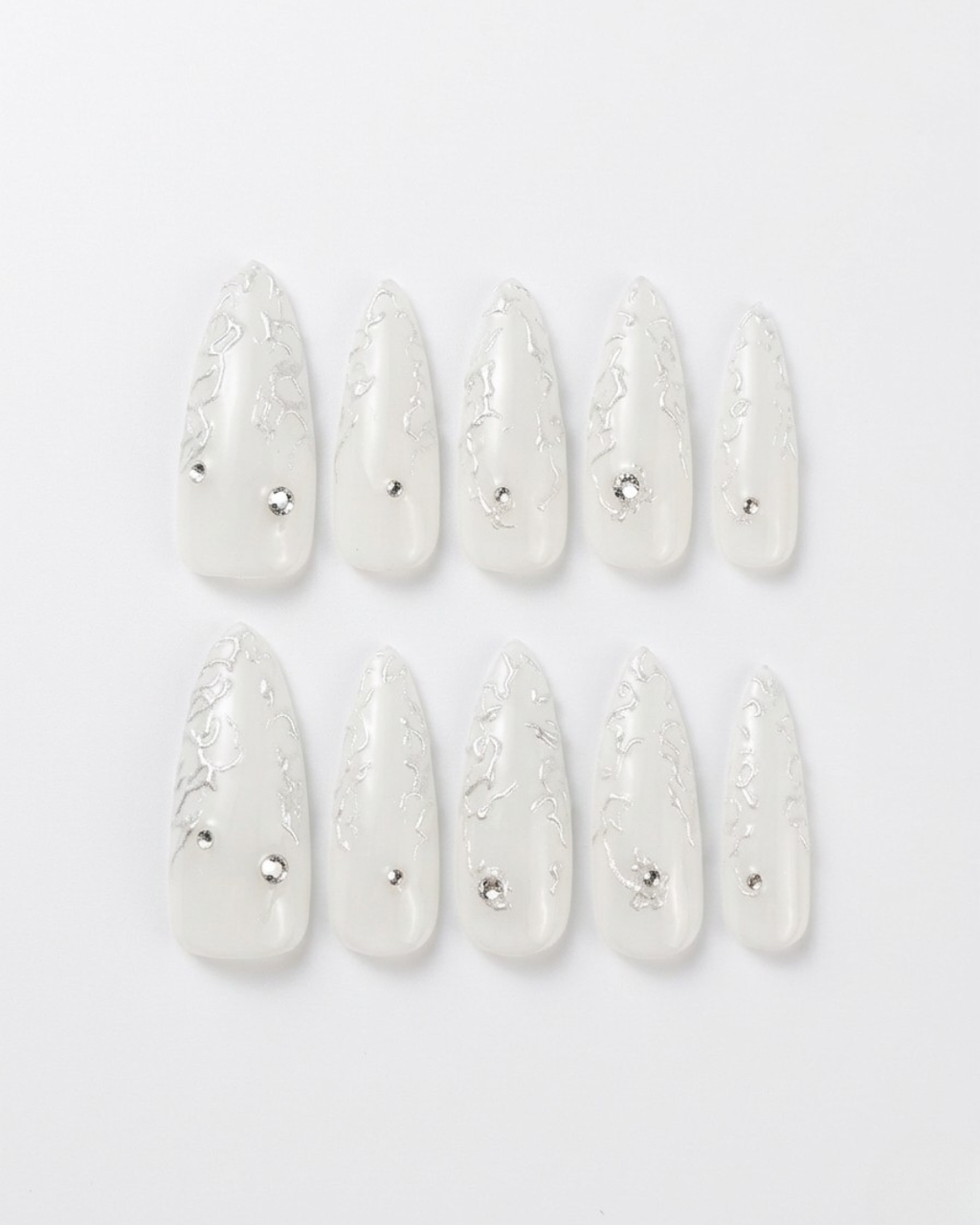 Milky white, press-on nails, long almond, soft gel, reusable, 3D