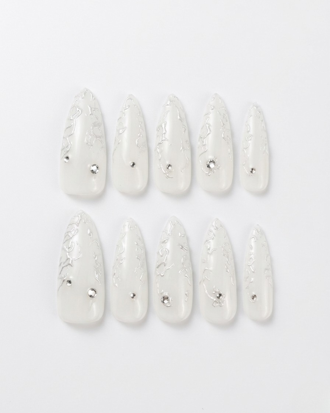 Milky white, press-on nails, long almond, soft gel, reusable, 3D