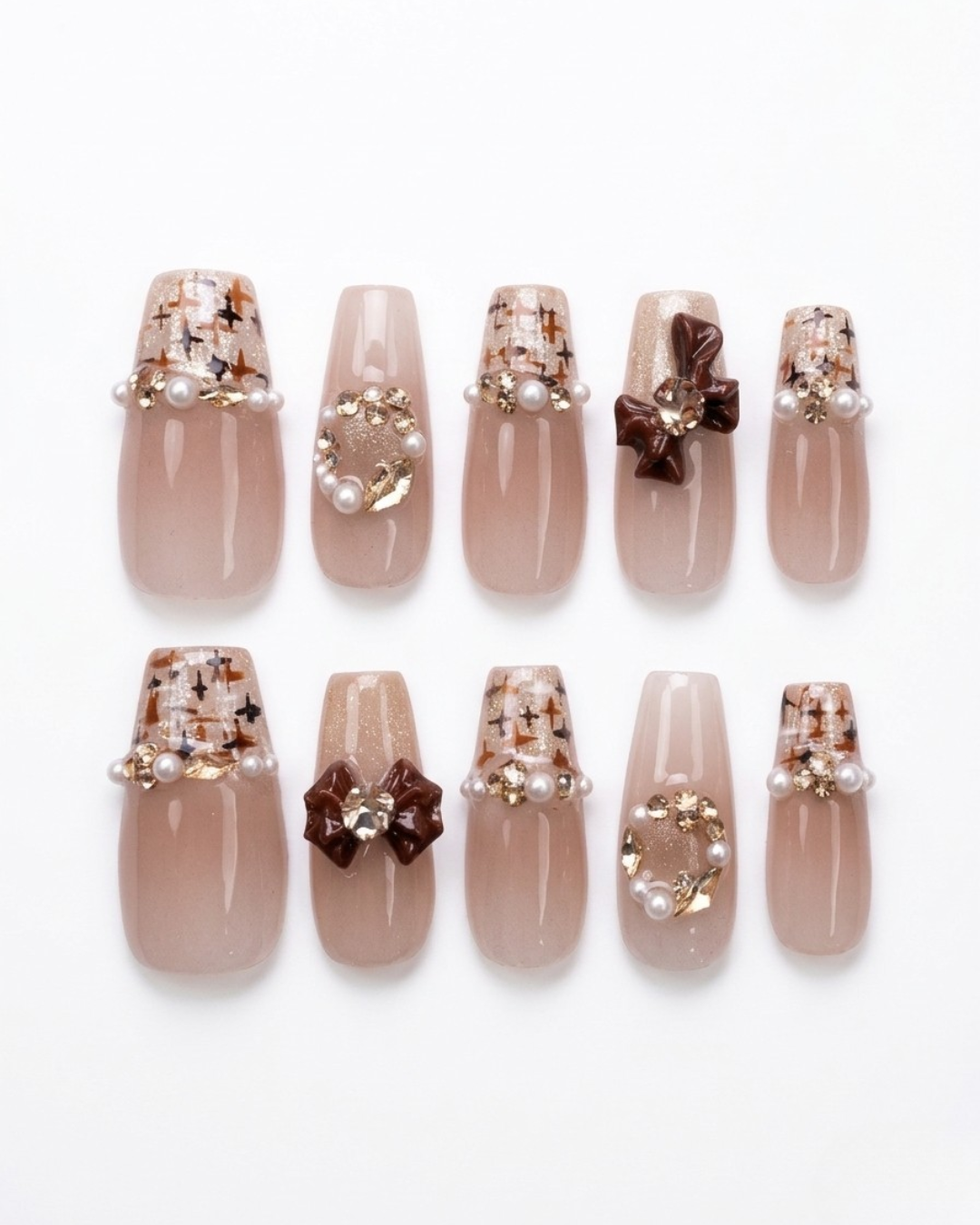 Nude brown, press-on nails, long coffin, soft gel, reusable, 3D