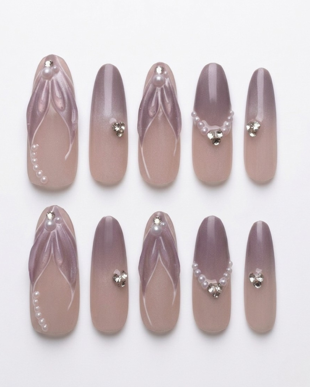 Mauve,, press-on nails, long oval, soft gel, reusable, 3D