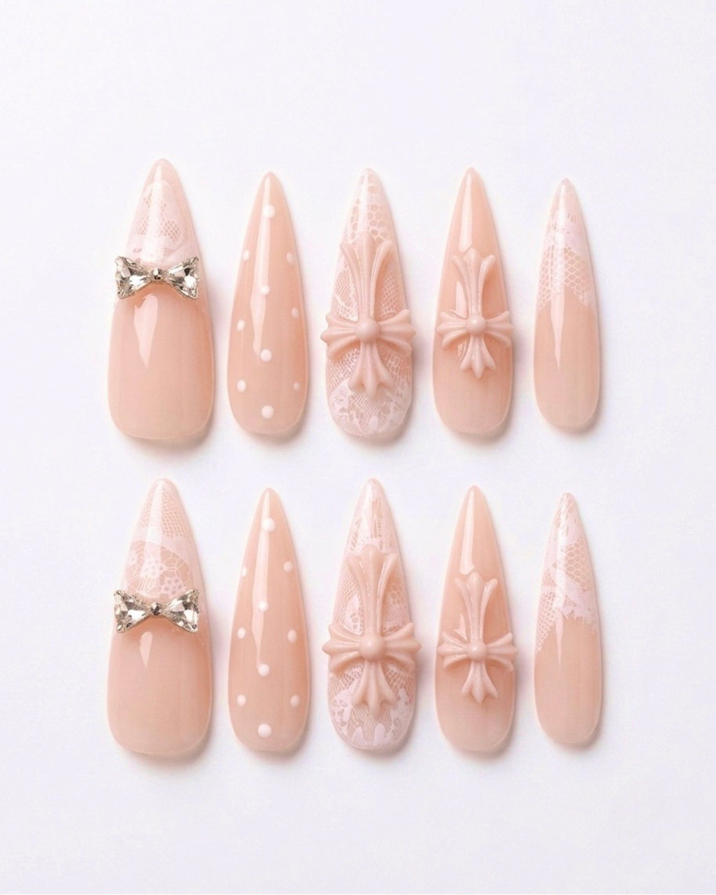 Nude pink, press-on nails, long stiletto, soft gel, reusable, 3D