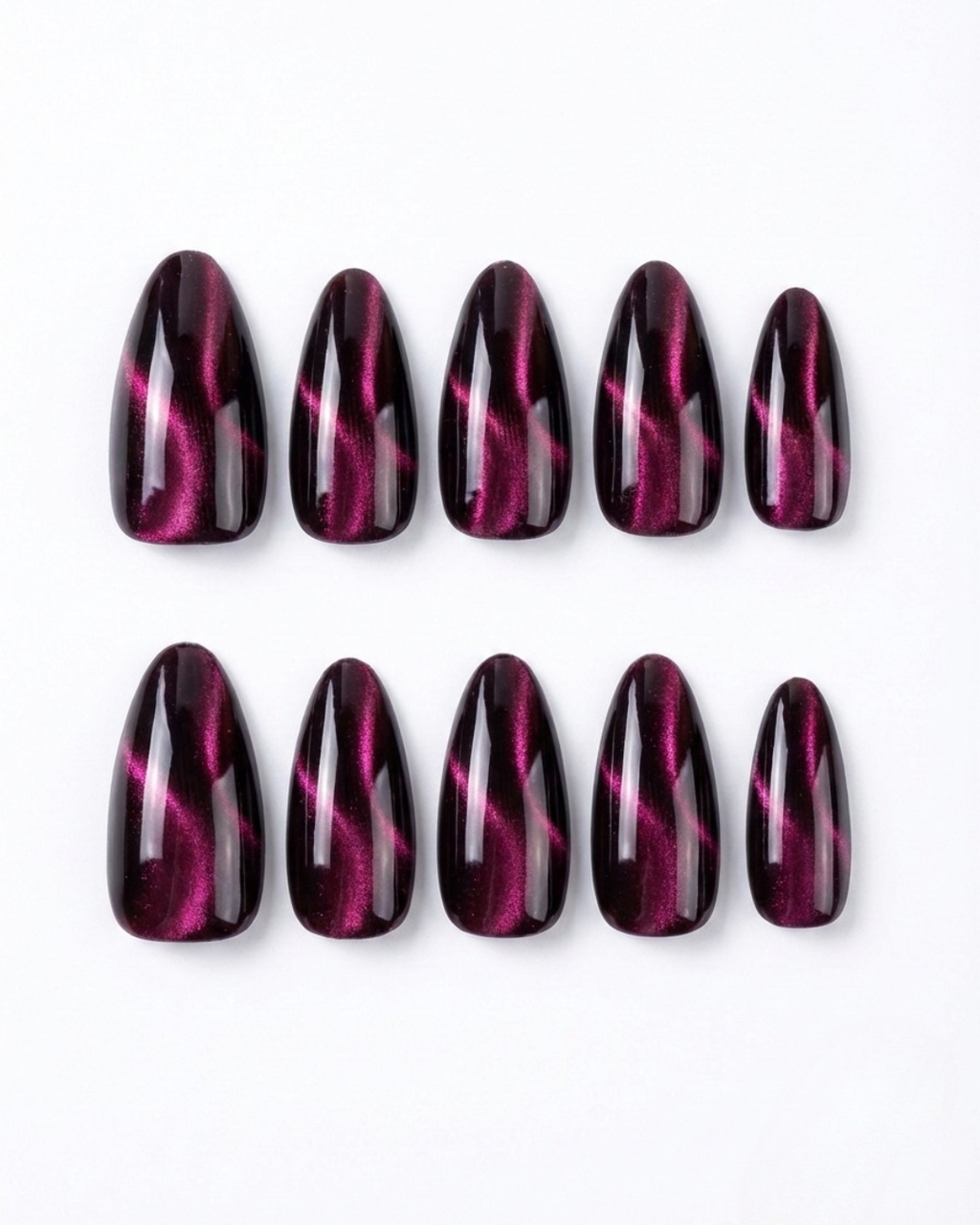 Magenta, cat-eye, press-on nails, medium almond, soft gel, reusable