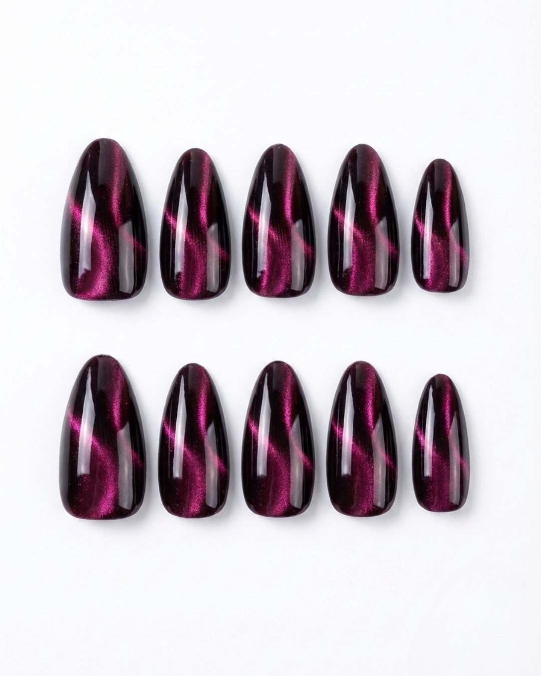 Magenta, cat-eye, press-on nails, medium almond, soft gel, reusable