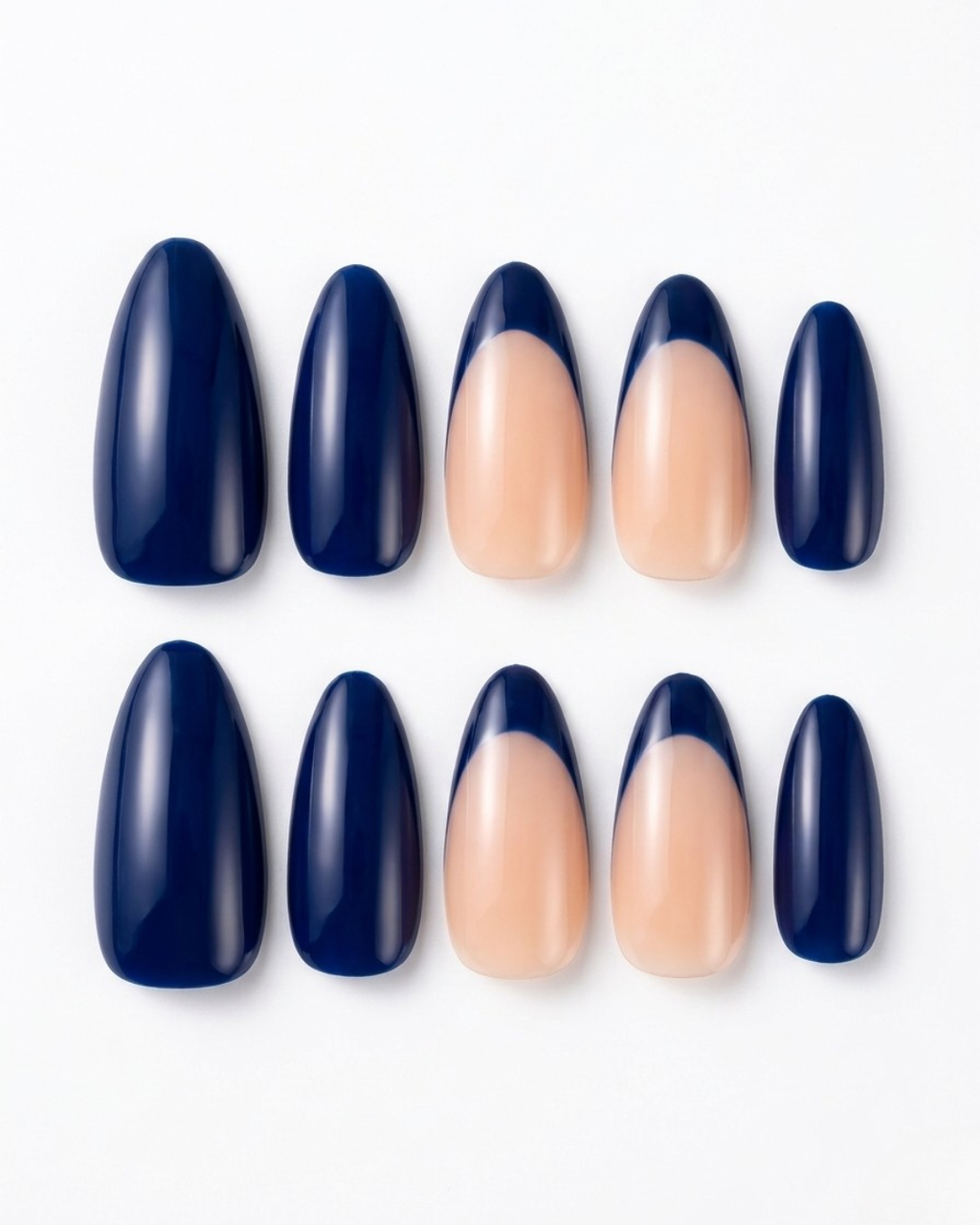 Navy blue, press-on nails, medium almond, soft gel, reusable