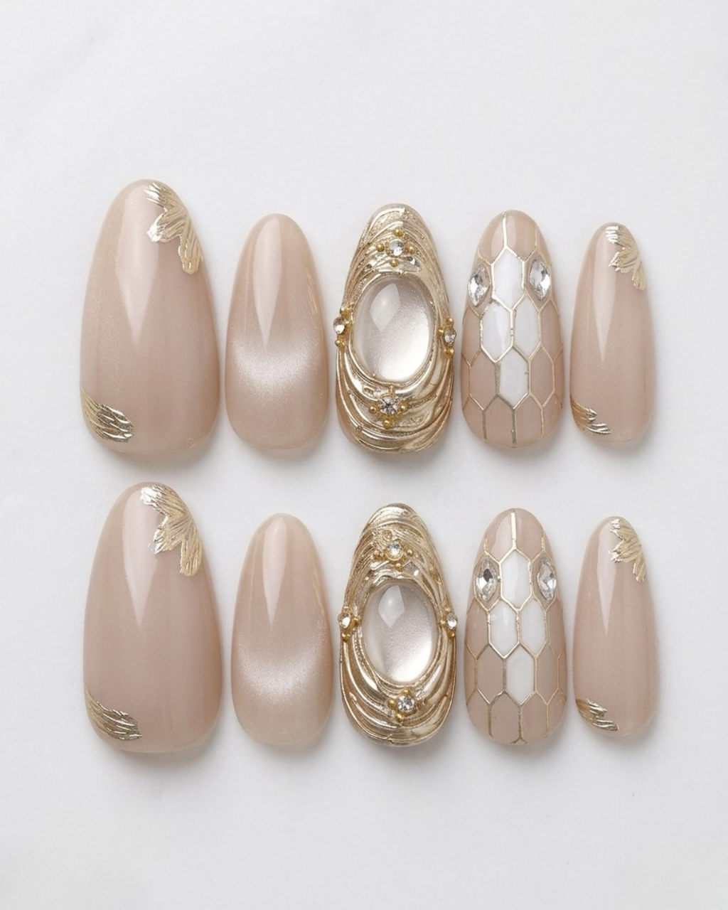 Nude beige, press-on nails, medium almond, soft gel, reusable, 3D