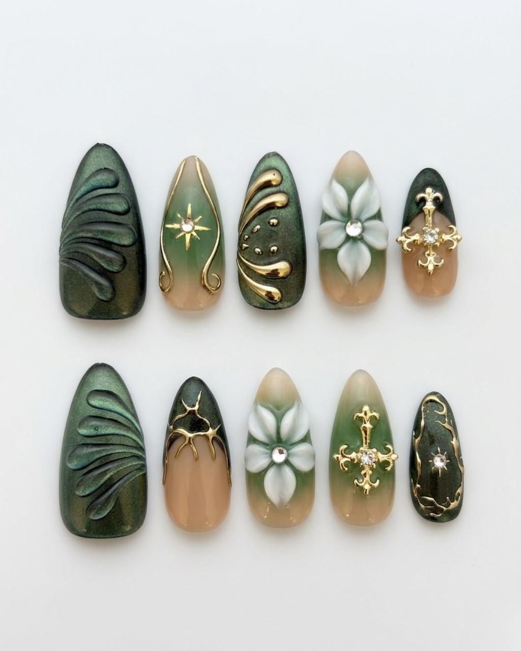 Green, press-on nails, medium almond, soft gel, reusable, 3D