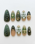 Green, press-on nails, medium almond, soft gel, reusable, 3D