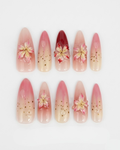 Pink, press-on nails, long almond, soft gel, reusable, 3D