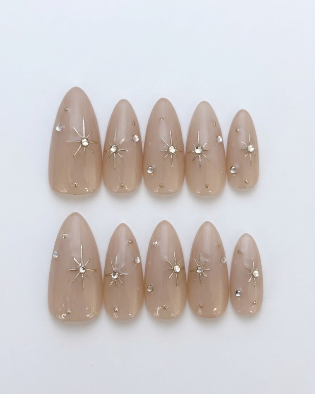 Soft nude, press-on nails, medium almond, soft gel, reusable, 3D
