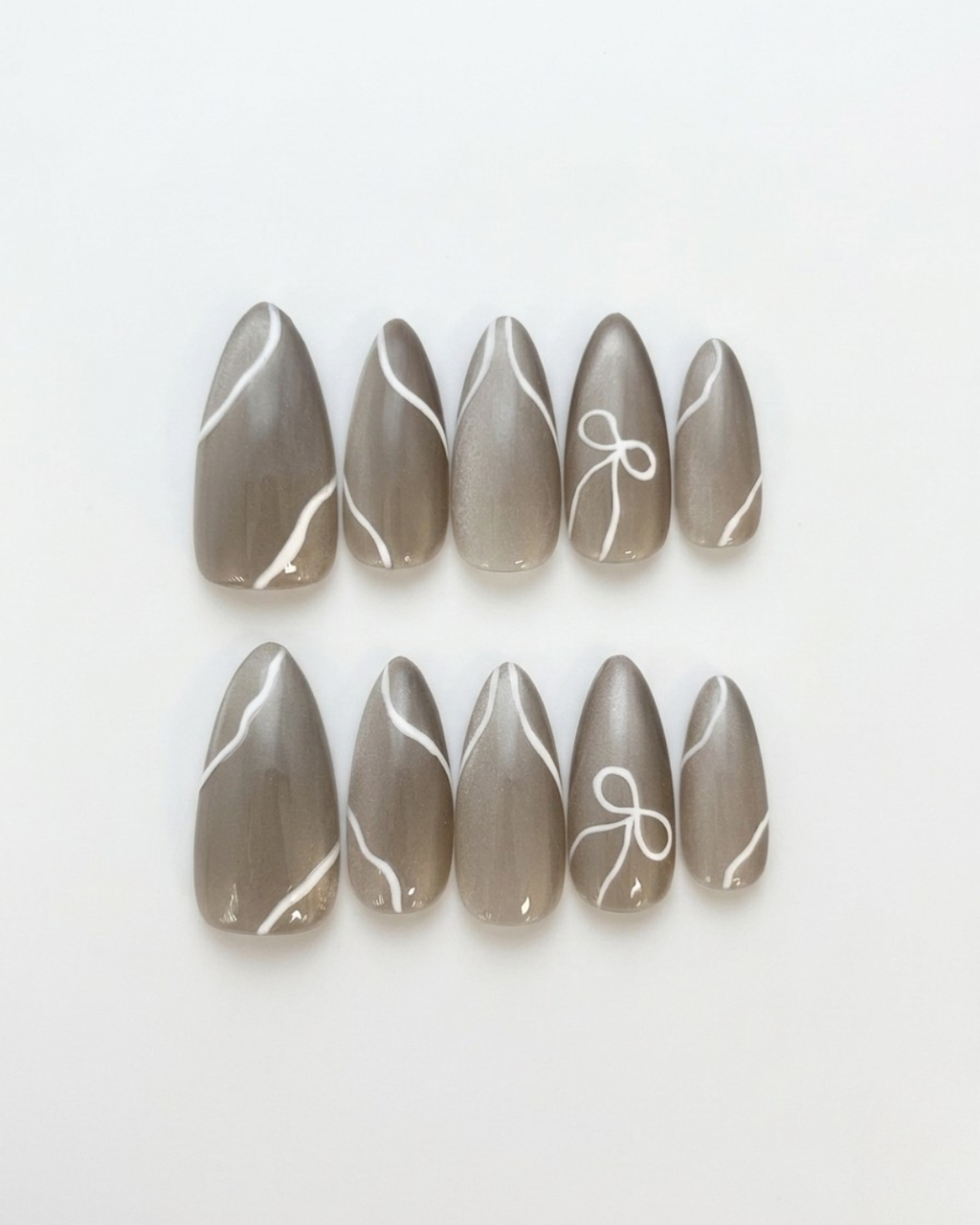 Grey, press-on nails, medium almond, soft gel, reusable