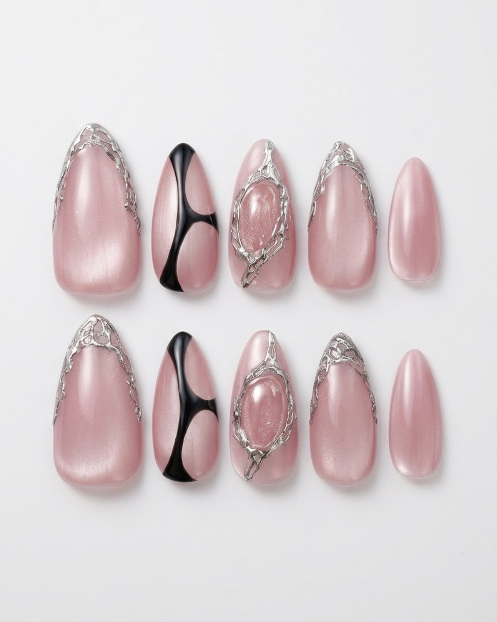 Pink, press-on nails, medium almond, soft gel, reusable, 3D