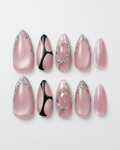 Pink, press-on nails, medium almond, soft gel, reusable, 3D