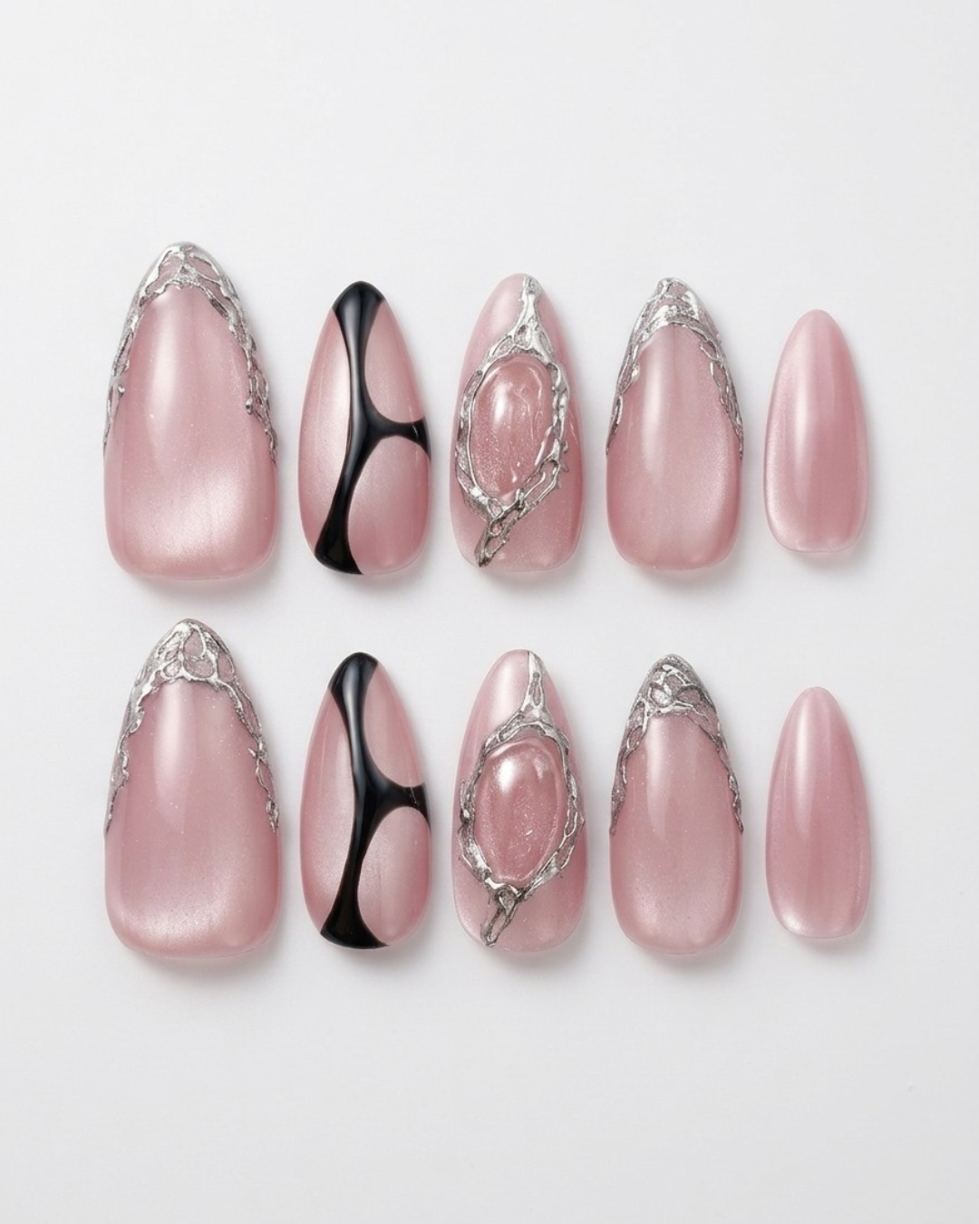 Pink, press-on nails, medium almond, soft gel, reusable, 3D