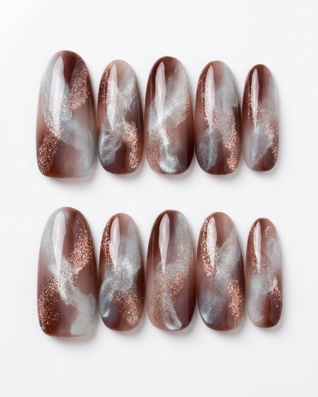 Cat-eye, smoky brown, press-on nails, medium oval, soft gel, reusable