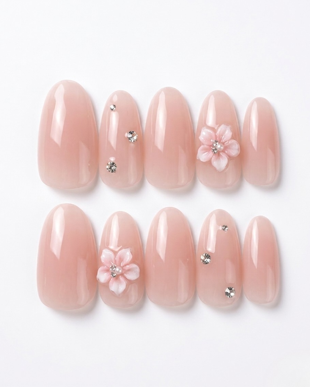 Blush pink, press-on nails, medium oval, soft gel, reusable, 3D