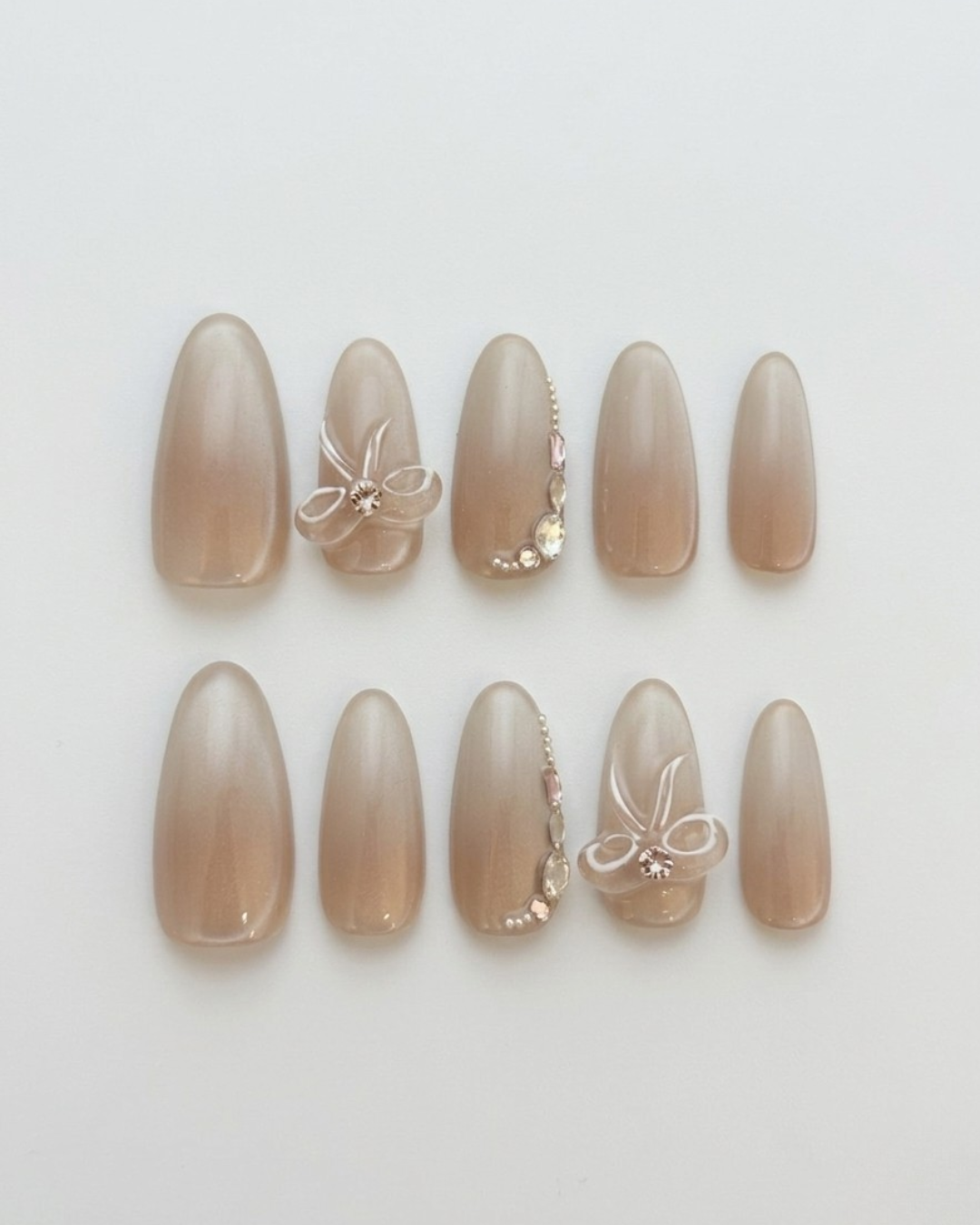 Nude beige, press-on nails, medium oval, soft gel, reusable, 3D