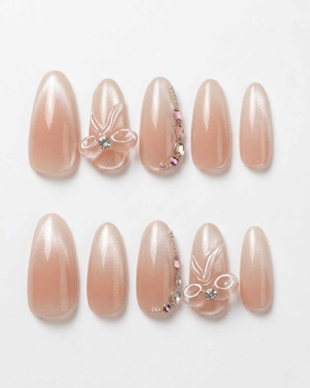 Soft nude peach, press-on nails, medium oval, soft gel, reusable, 3D