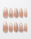 Soft nude peach, press-on nails, medium oval, soft gel, reusable, 3D