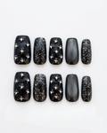 Black, press-on nails, medium almond, soft gel, reusable