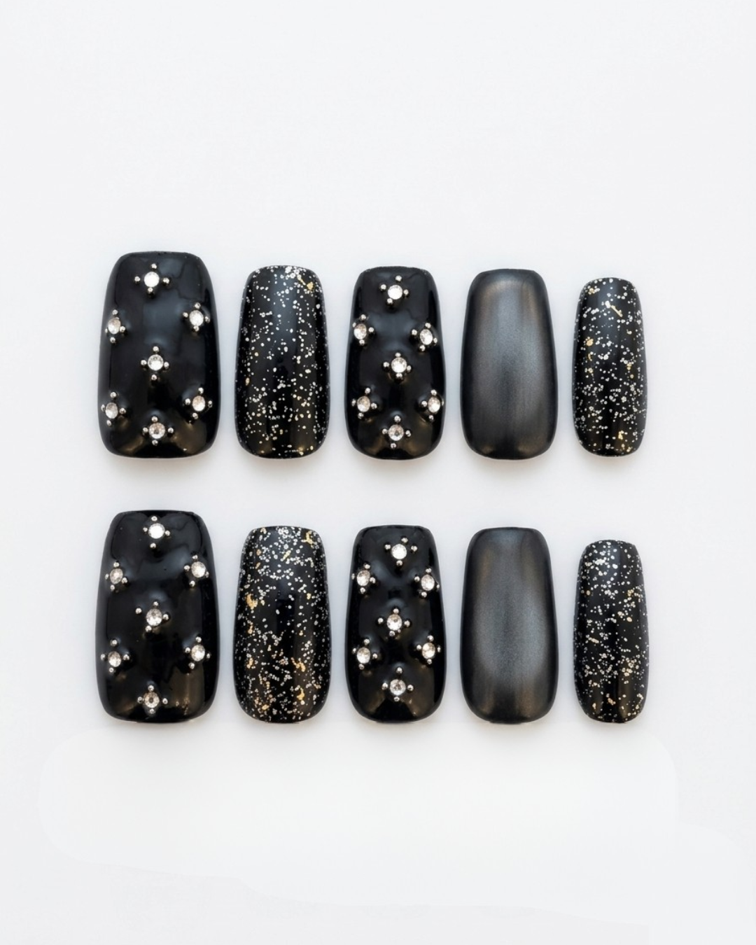 Black, press-on nails, medium almond, soft gel, reusable
