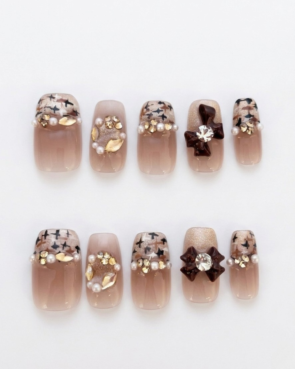 Nude brown, press-on nails, medium squoval, soft gel, reusable, 3D