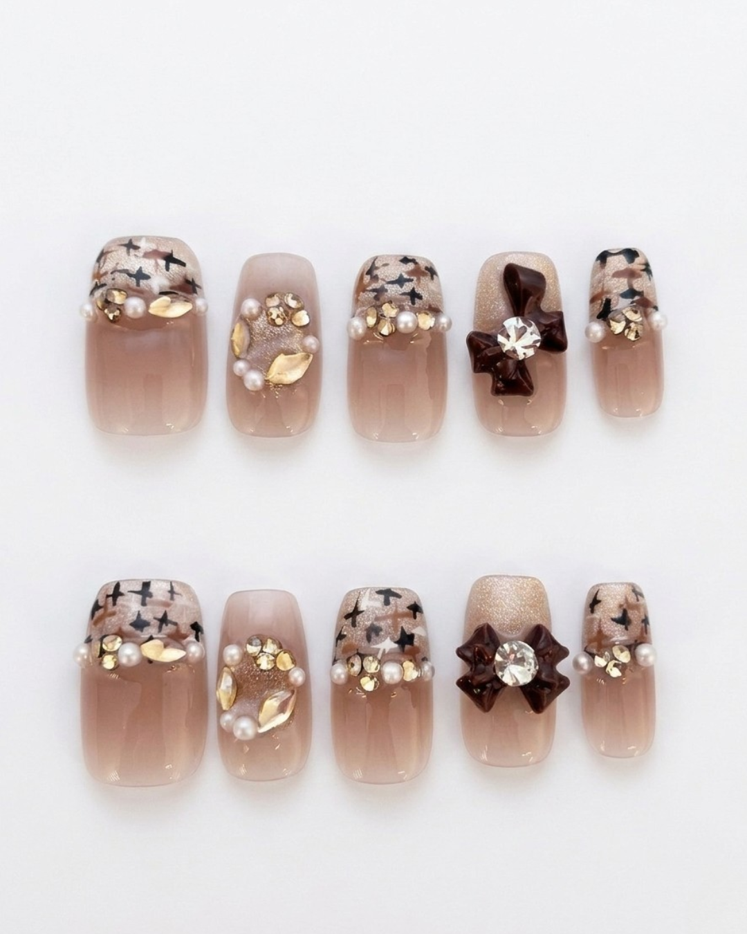 Nude brown, press-on nails, medium squoval, soft gel, reusable, 3D