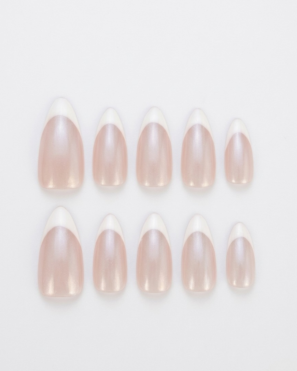 Pearl, French, press-on nails, medium almond, soft gel, reusable