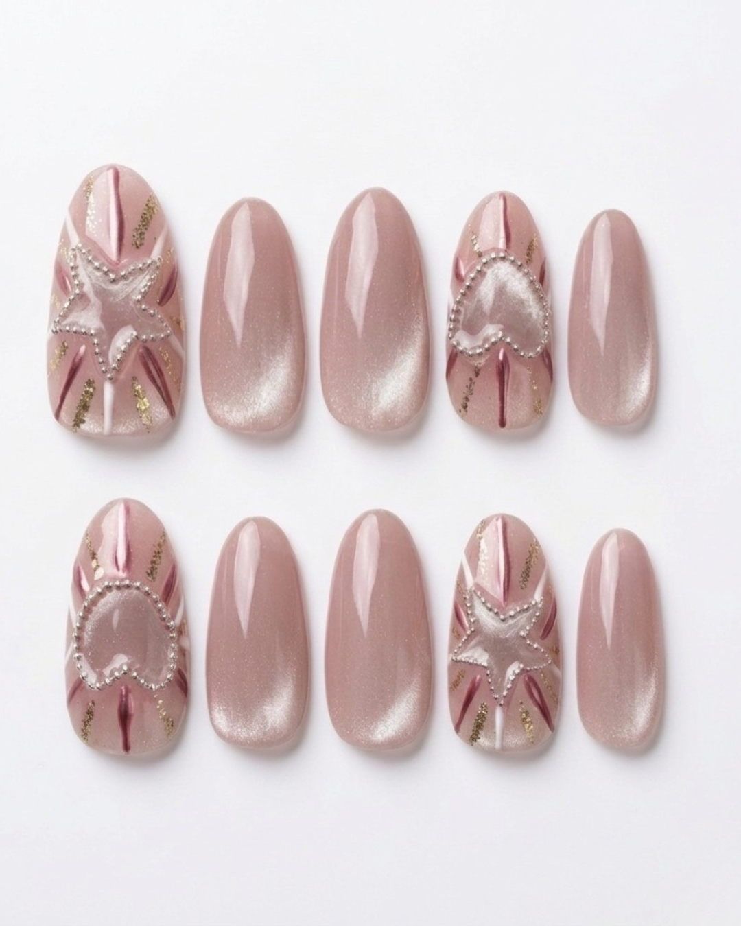 Pink, cat-eye, press-on nails, medium almond, soft gel, reusable, 3D