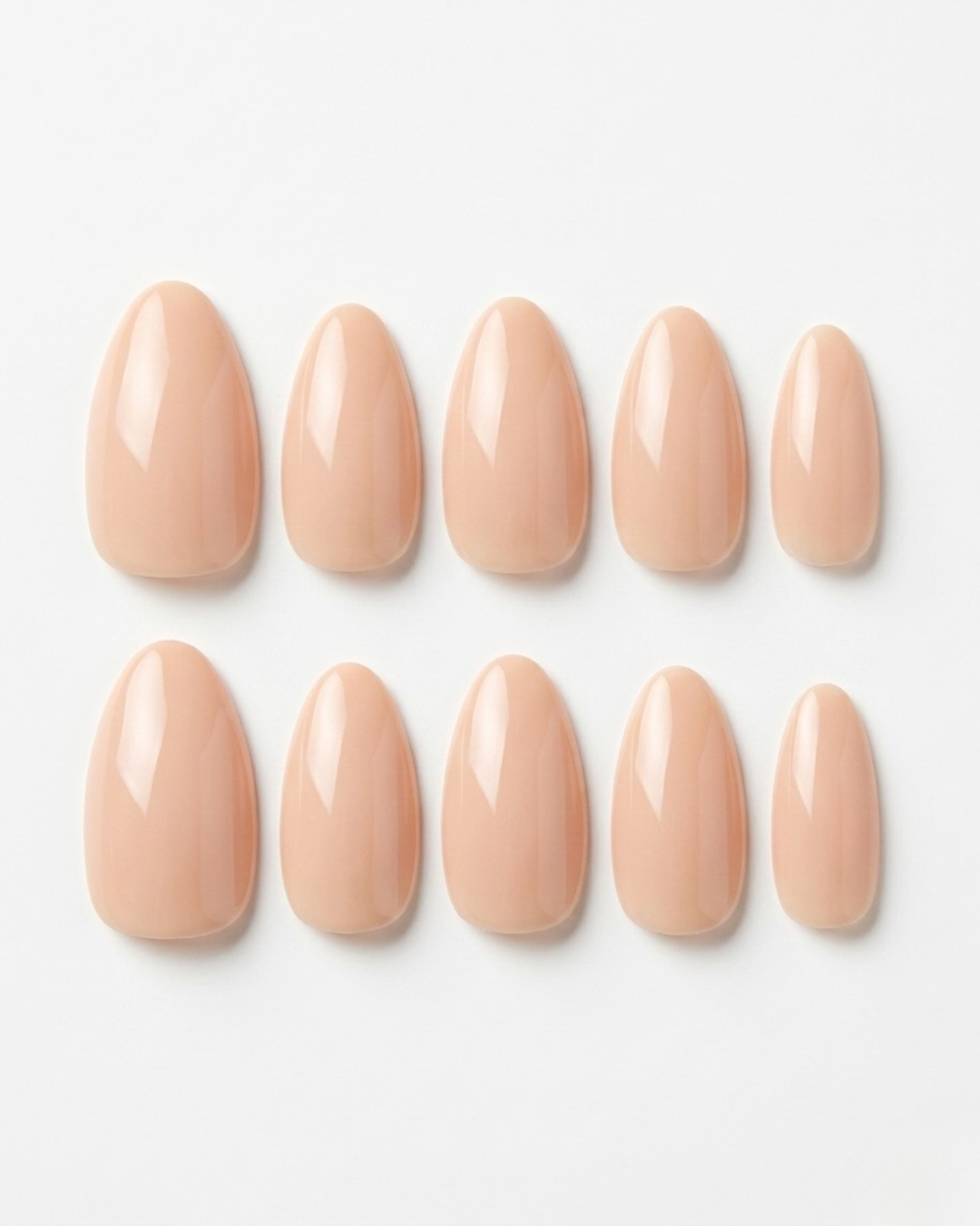Nude, press-on nails, short almond, soft gel, reusable