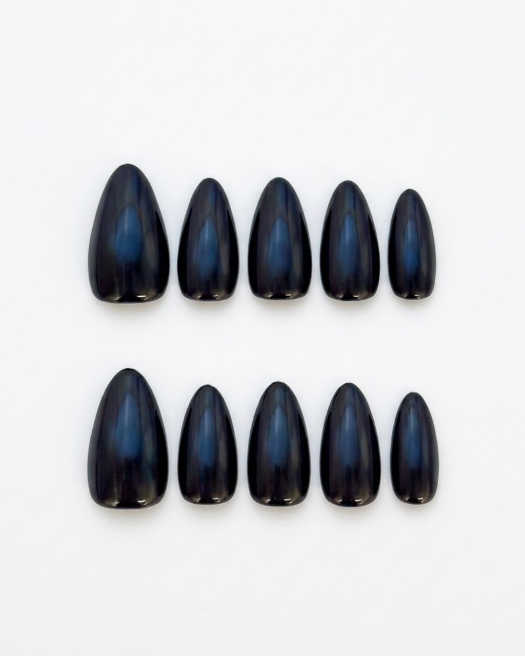 Dark blue, press-on nails, medium almond, soft gel, reusable