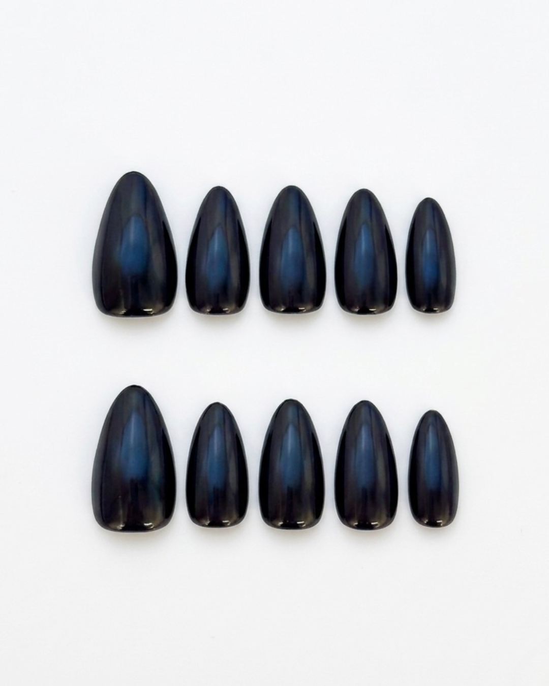 Dark blue, press-on nails, medium almond, soft gel, reusable
