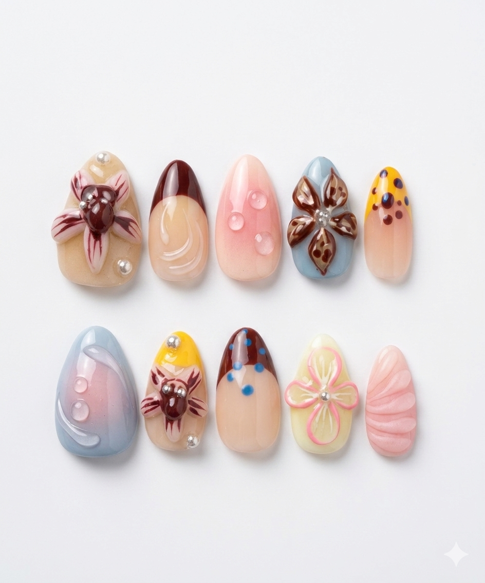 Press-on nails, short almond, soft gel, reusable, 3D