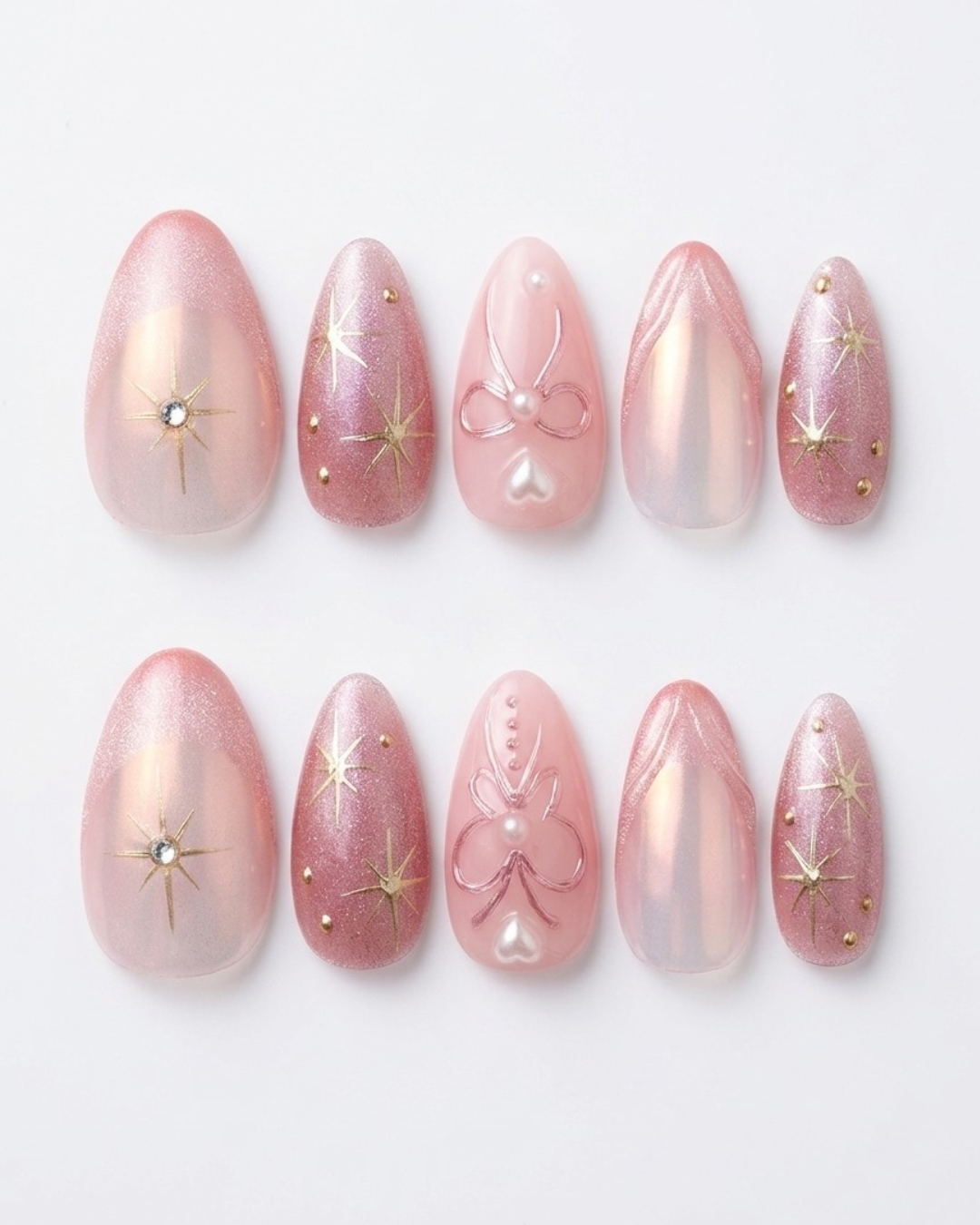 Pink chrome, press-on nails, short almond, soft gel, reusable, 3D