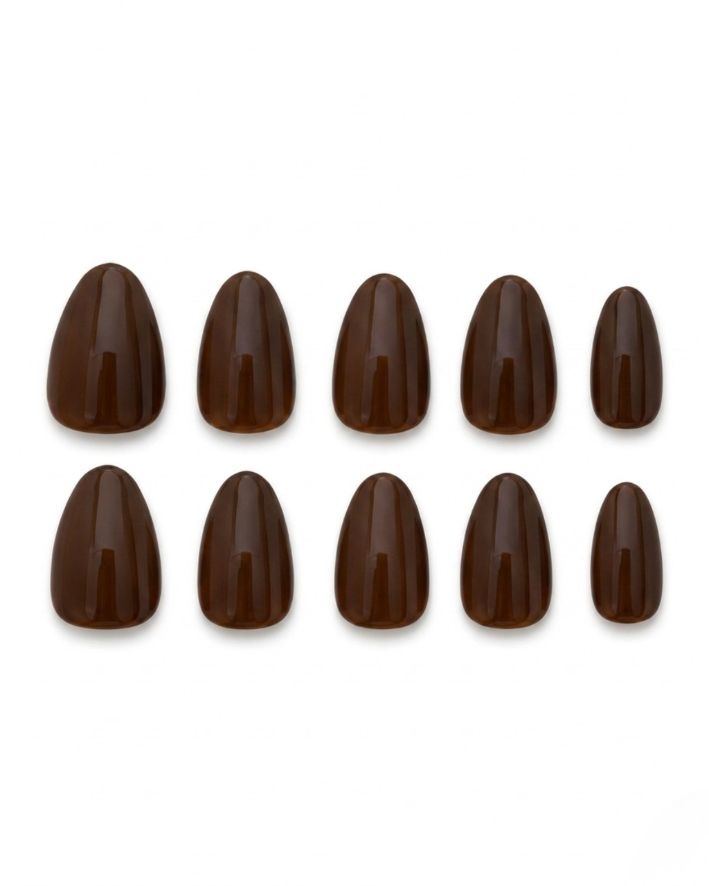 Dark brown, press-on nails, short almond, soft gel, reusable