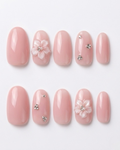 Pink, press-on nails, medium almond, soft gel, reusable, 3D